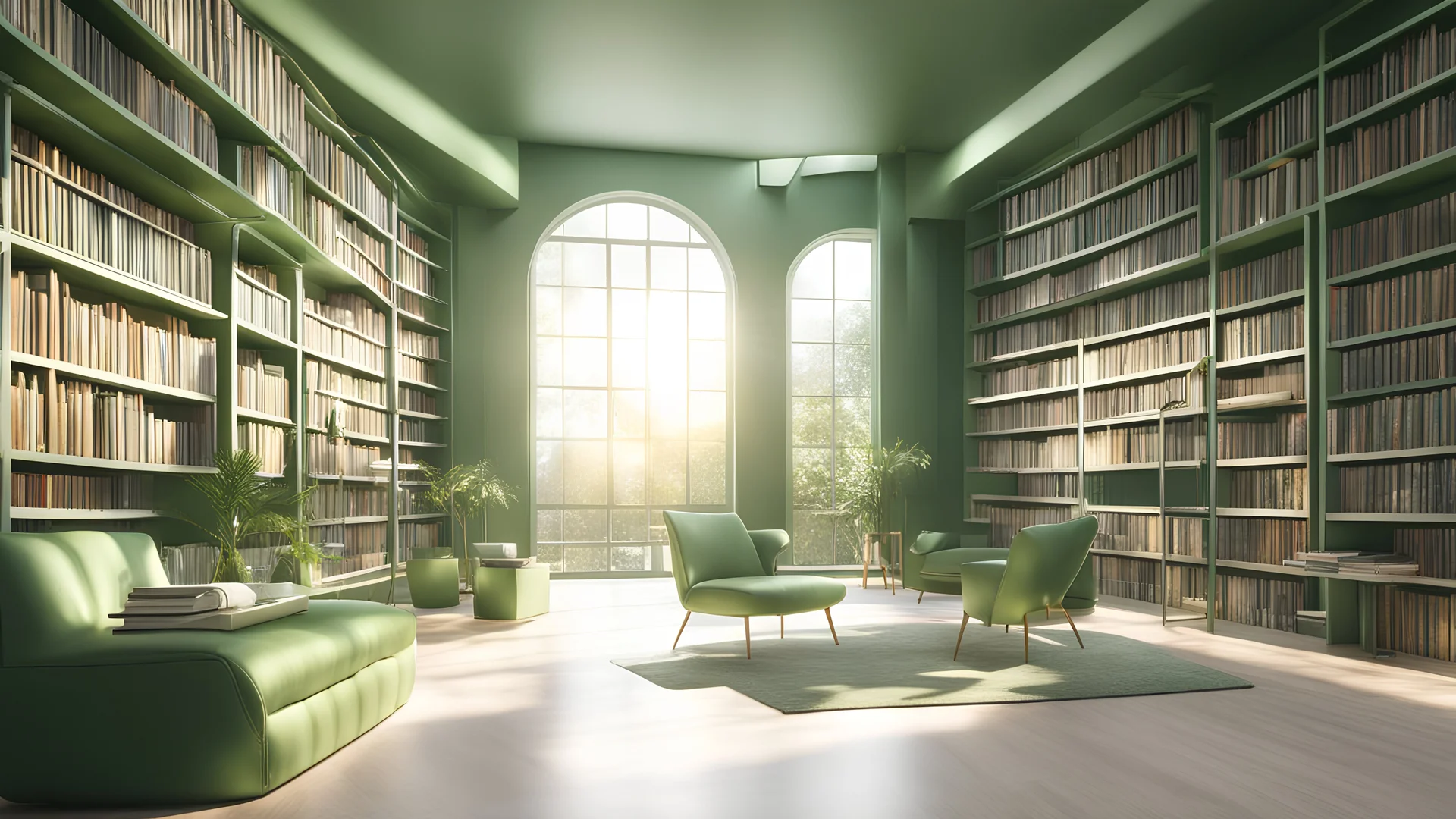 Modern green library interior with sunlight. Decor and desing concept. 3D Rendering