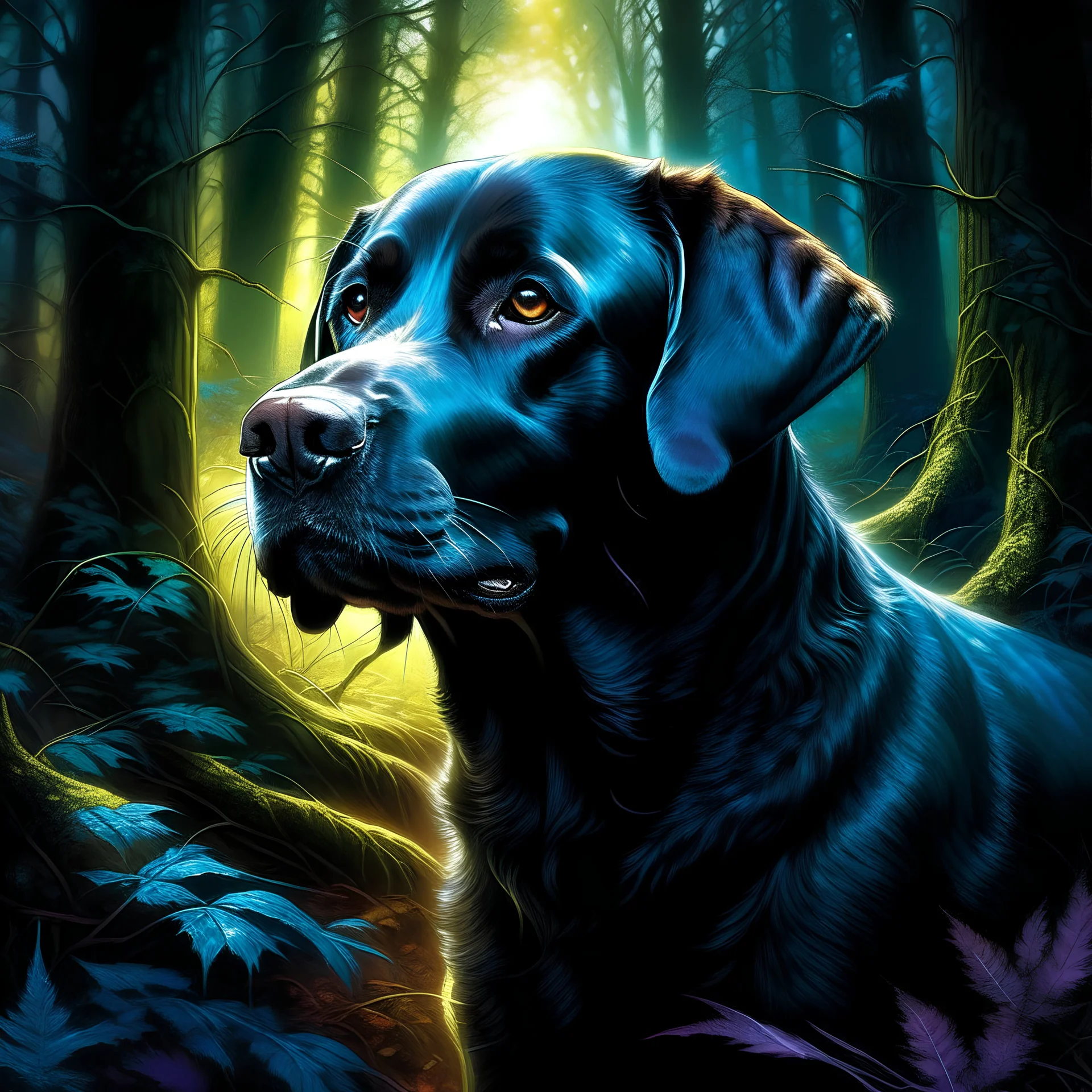 A mesmerizing 3D illustration reveals the stunning allure of a black Labrador gracefully dashing through a dense pine forest, illuminated by captivating led lights. Bathed in the ethereal glow of moonlight, the intricate alcohol ink effects cast an enchanting aura, elevating this photorealistic gem to extraordinary heights. With its hauntingly cinematic atmosphere and meticulous attention to detail in high definition, this masterpiece beckons viewers to immerse themselves in a mesmerizing realm