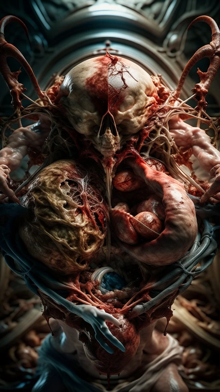 cinematic gore Bosch vs Dali style photorealistic photo of a mangled embryonic body wrestling itself in a fleshy vortex vortex, of anatomically fragmented, ripped apart again being flayed, skinned alive beating heart, muscles, blood vessels, bowels, entrails, capillaries, oozing puss are exposed. Visceral anatomy. physiology. Their face and body opens with a zipper. Bosch and Dali inspired hallucinations. mythology. grotesque.