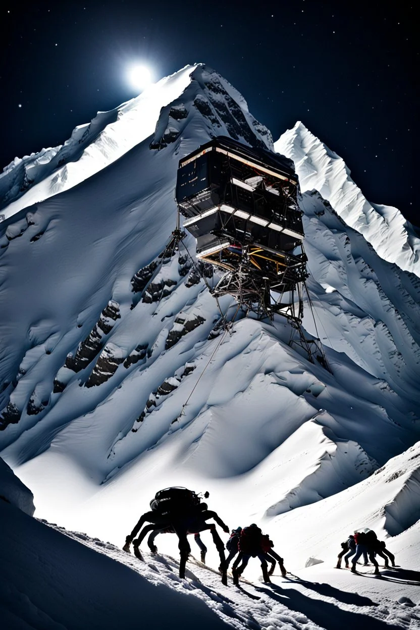 silhouette of a eight legs machine scaling a very steep snow covered side of mout everest at night, it has storage pods on its belly and humans can fit in the pods