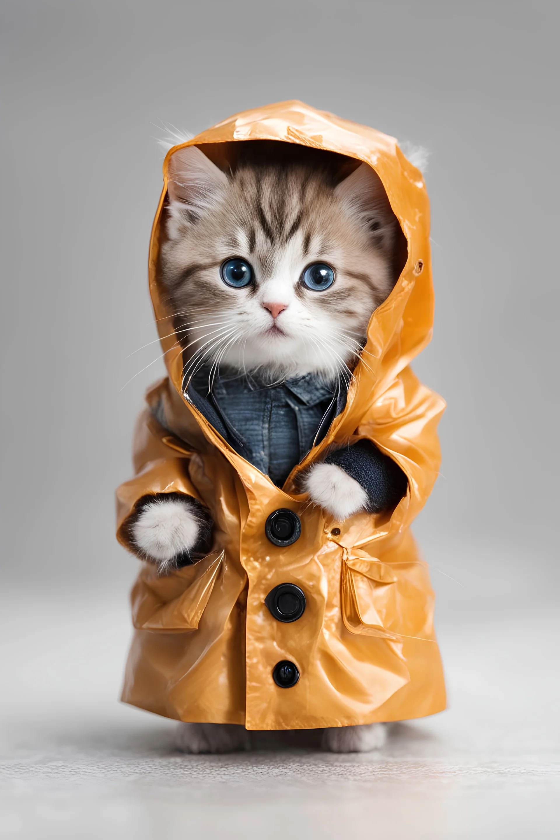 baby cat in raincoat. Chibi, Photograph, Canon DSLR, Tilt - shift, white background, high definition, Complete and coordinated composition, 8k