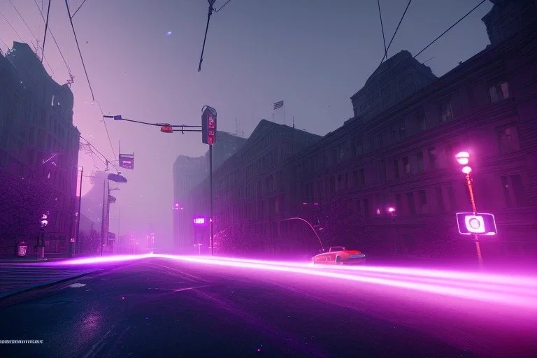 detroit home run down ,cars run down, night time , unity, scriptable render pipeline , lighting , volumetric , global illumination, fog , purple emission , purple tone.