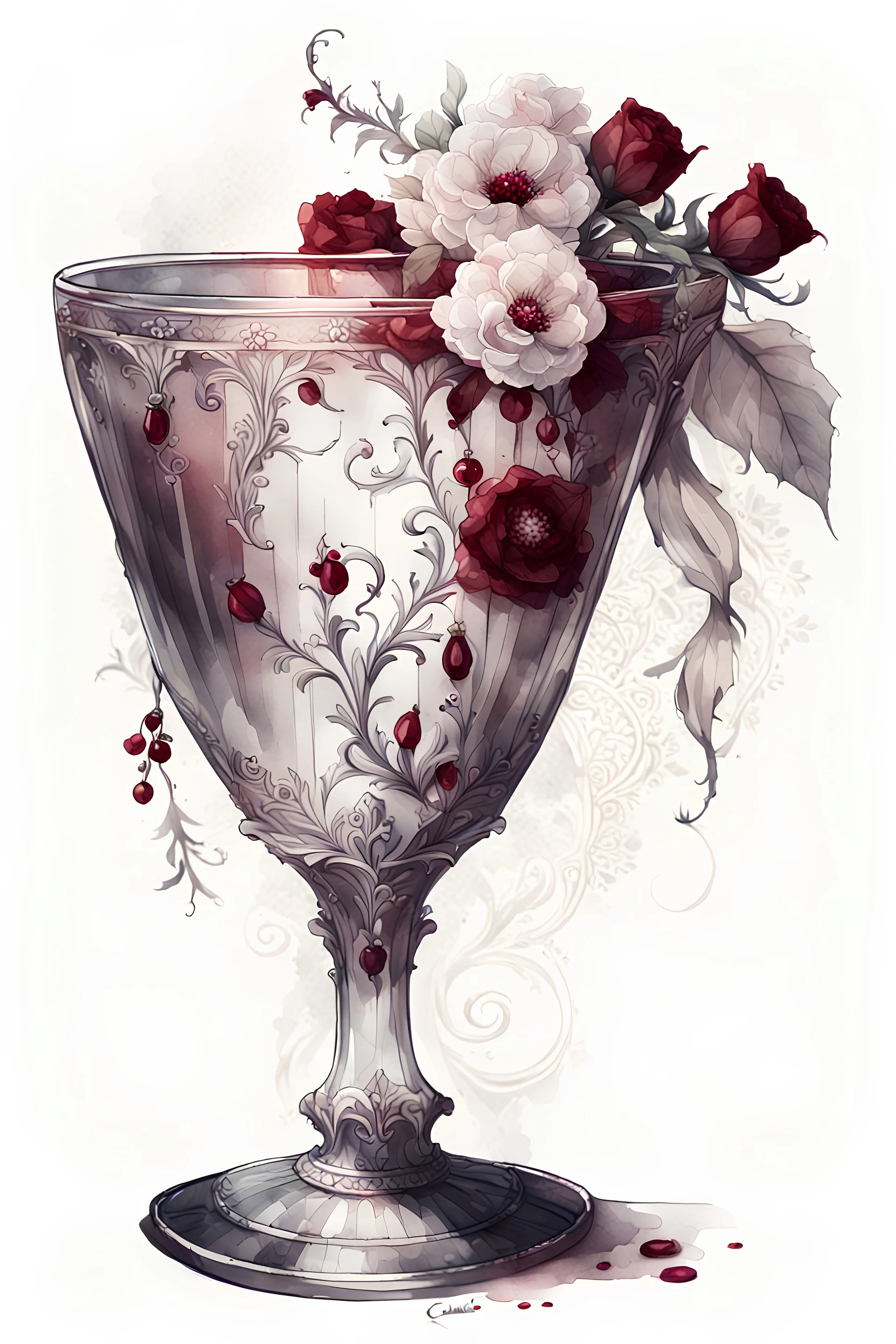 watercolor draw gothic vintage glass, dark red with flowers, white lace and rubies, white background, Trending on Artstation, {creative commons}, fanart, AIart, {Woolitize}, by Charlie Bowater, Illustration, Color Grading, Filmic, Nikon D750, Brenizer Method, Side-View, Perspective, Depth of Field, Field of View, F/2.8, Lens Flare, Tonal Colors, 8K, Full-HD, ProPhoto RGB, Perfectionism, Rim Lighting, Natural Lightin