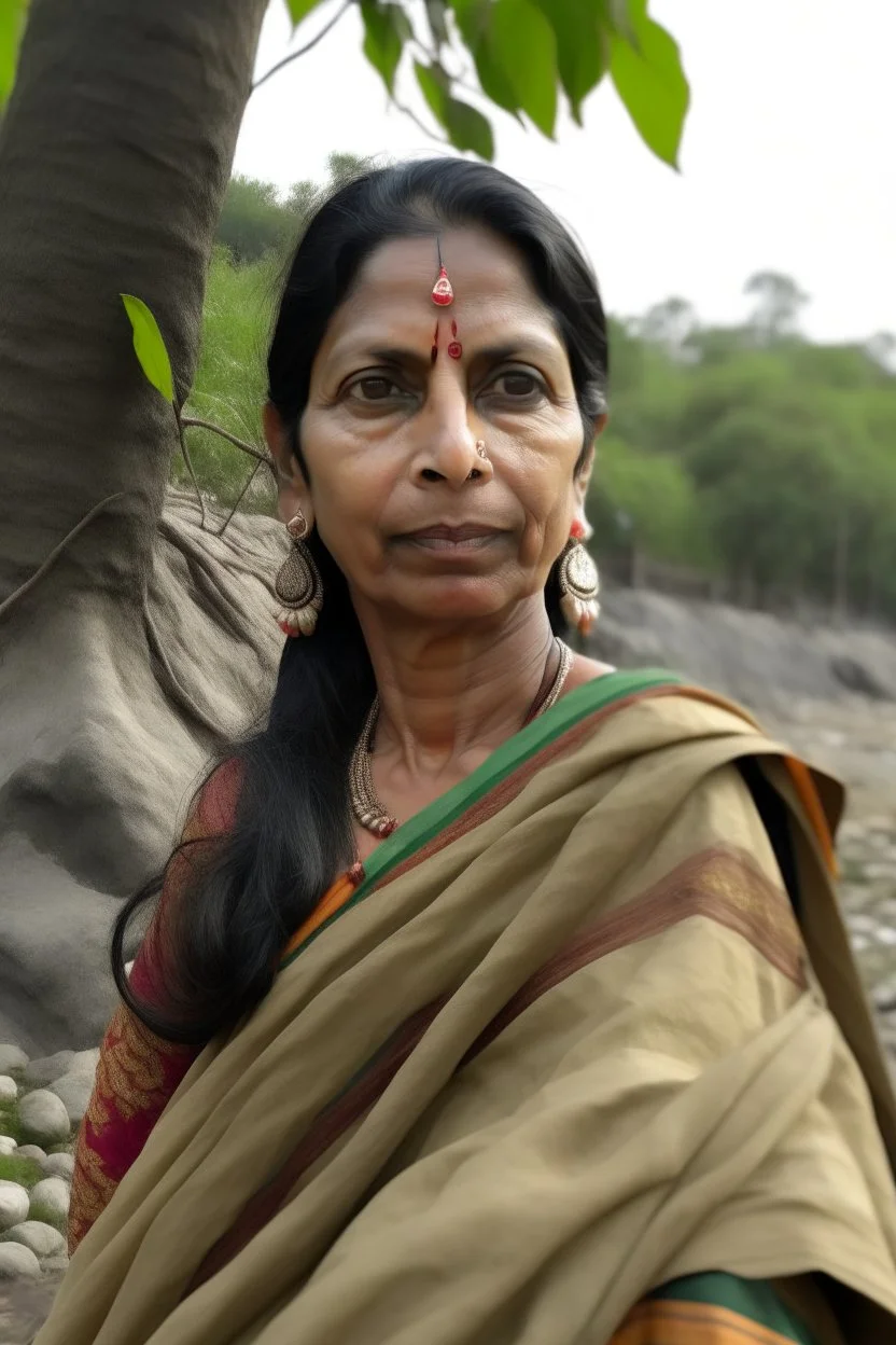 a woman wearing a modern saree, standing near a tree, mid age, long face