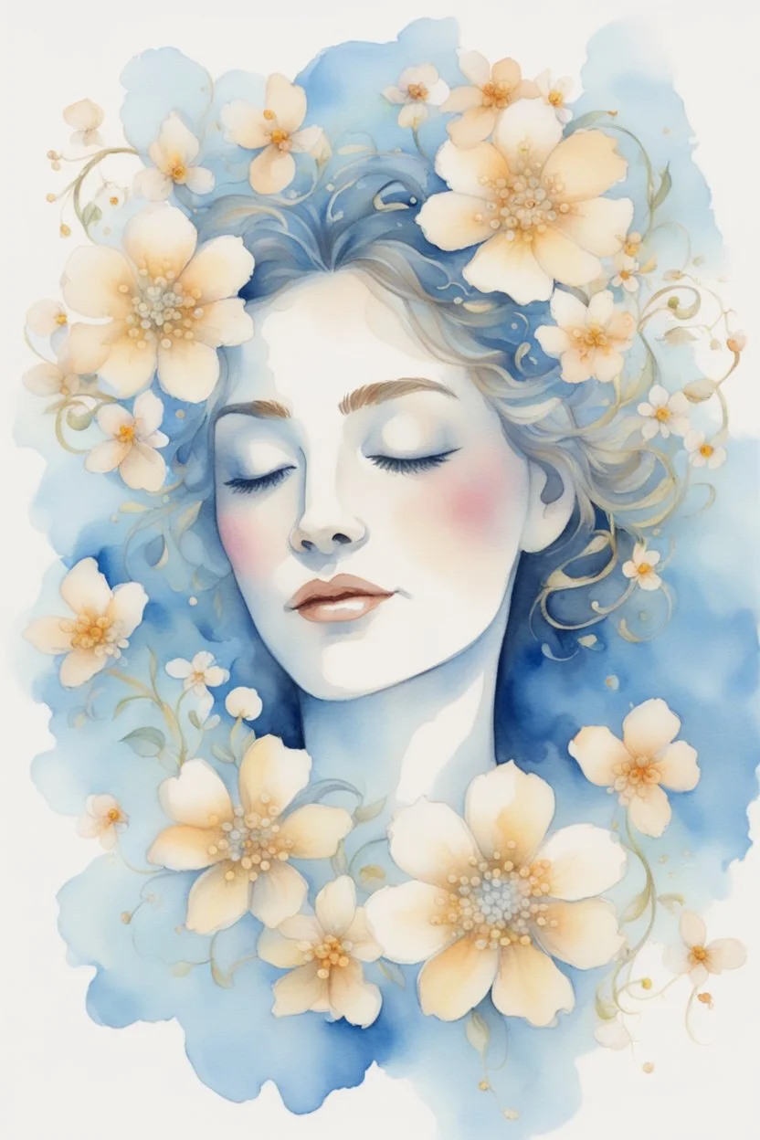 A stunning watercolor of a woman's face (tiny flowers), joyful glow, filigree work. Blue background