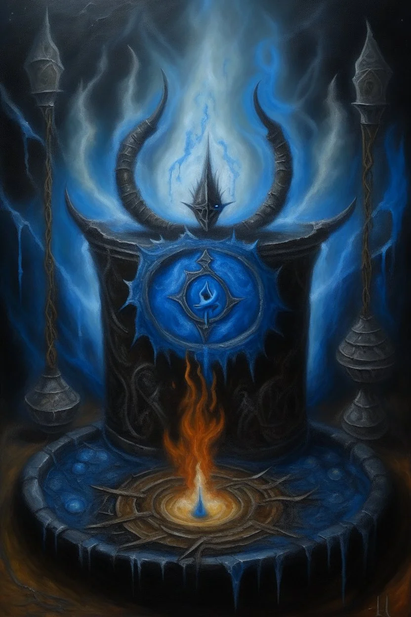 Living cauldron with blue sigil, slightly demonic, prize winning oil painting