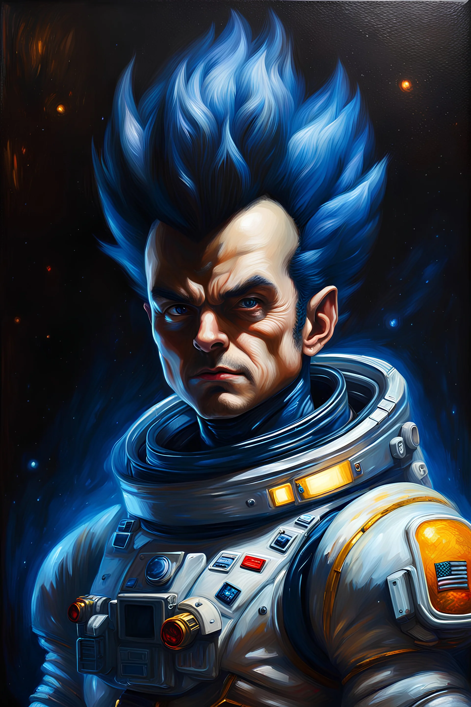 cyberpunk Vegeta astronaut, Rembrandt lighting, dark shadows, hyper-realistic, oil painting