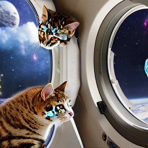 hyper-realistic floating astronaut and cat inside spaceship, cat looking through porthole at milkyway, 8k resolution, high-quality, fine-detail, detailed matte, intricate, 3D octane render, illustration, digital art, brian froud, howard lyon, anna dittman, greg rutowski,