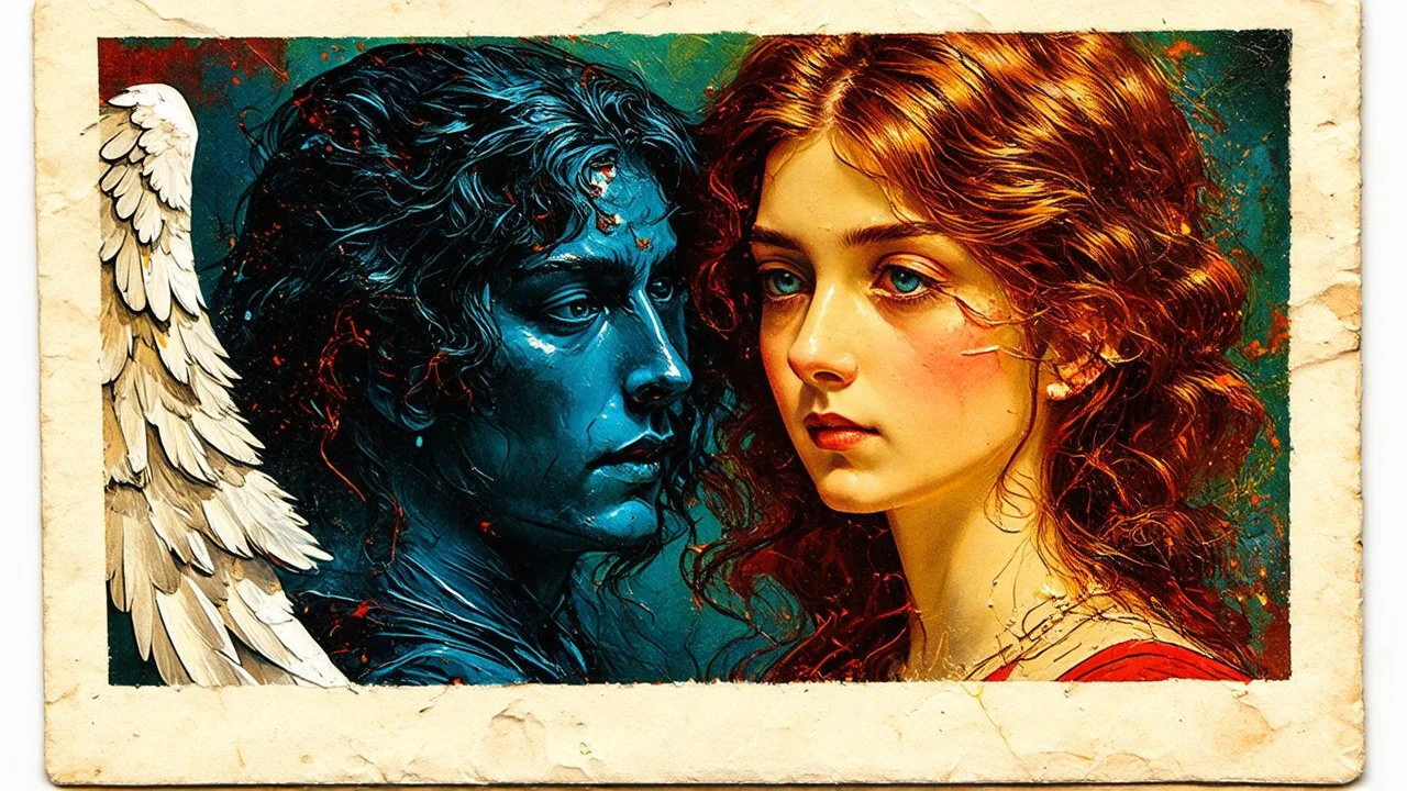 old worn postcard, Portrait Light and darkness in one person, angel and demon in one person, abstract art additional colors small details,