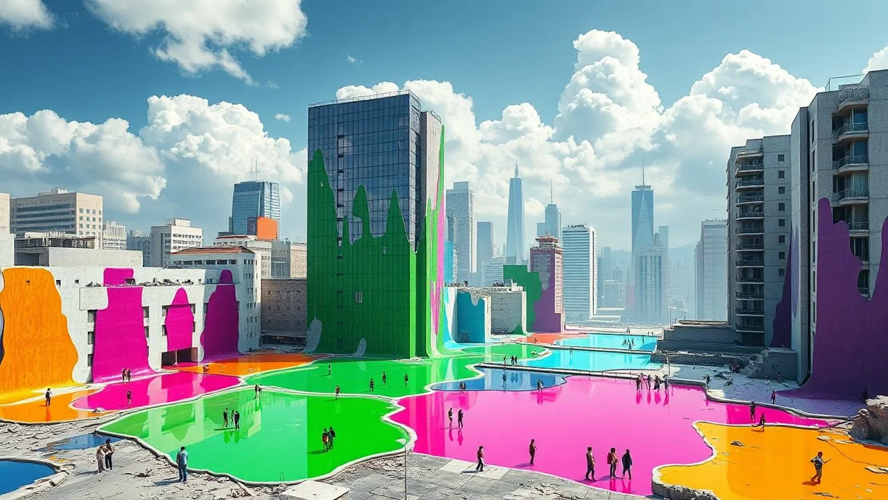 disintegrated cityscape where modernist buildings have partially liquefied, forming geometric pools of saturated colors, each containing a pure pigment that does not mix with the adjacent ones despite lacking physical barriers, human figures, all under a sky that breaks down into increasingly larger pixels of reality, digital neo-surrealism style with glitch art influences