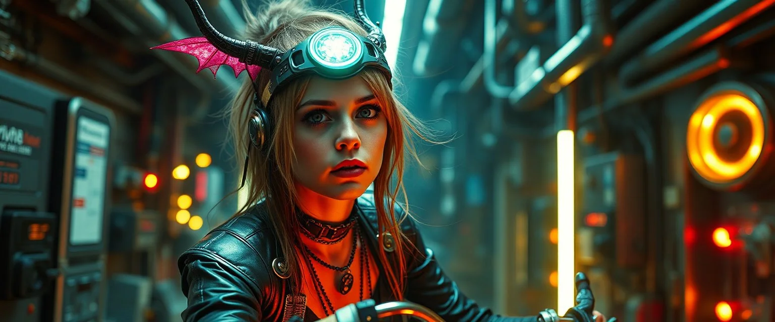 motion blur cyberpunk young bike rMichelle Pfeiffer gypsy pixie vampire with head band mods painted by Rembrandt and Titian and Giger alien burdened psychic woman portrait, with background— Fuel-to-Light Reactors “Futuristic micro-reactor using Zephyrium and Luminite, releasing controlled light and energy pulses, sci-fi engine room, glowing plasma tubes, high-tech industrial aesthetic, cinematic perspective, ultra-detailed and dramatic lighting.” painted by Rembrandt and Escher