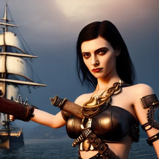 realistic, young model with sword, short black hair. holding a sword. black tatoo on arm. dressed a steampunk pirate, bra with carved leather. Salvador dalì style. Ships in background with high details. 4k, unreal engine.