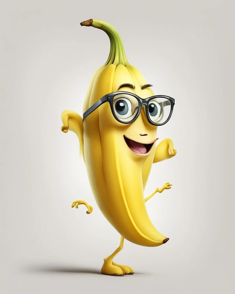 cute drawing of a funny yellow banana character wearing glasses on a white background.