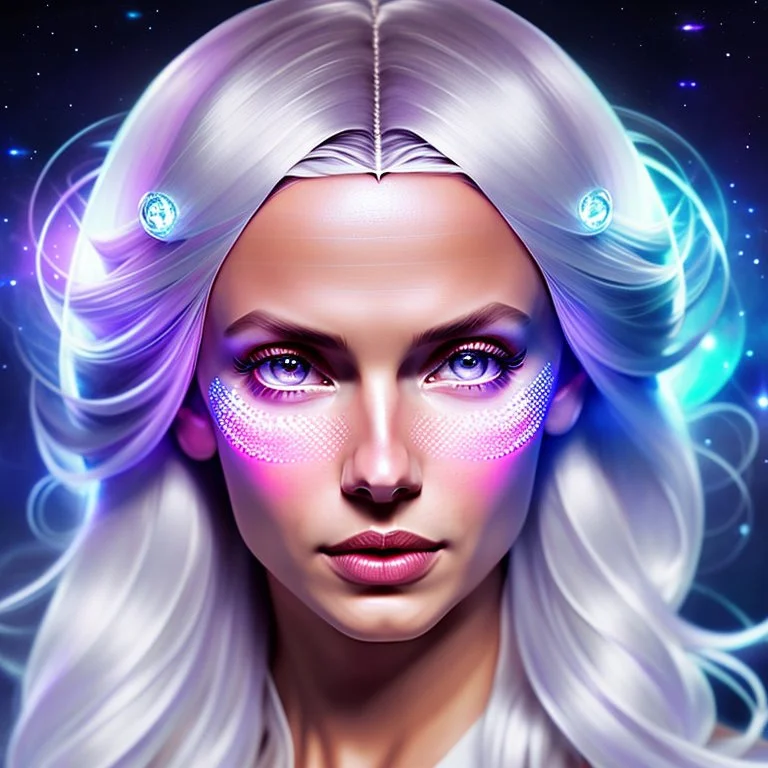 Lexica Aperture v2 style ! dream symmetry!! (((happy, joyful, smiling portrait)))+++, white hair, blue eyes, Brigitte Bardot, diamond third eye, spiritual gradient, gaia, chakra, universe, sci - fi, glowing lights!! intricate, space station, elegant, highly detailed, digital painting, artstation, concept art, smooth, sharp focus, illustration, art by artgerm and greg rutkowski and alphonse mucha