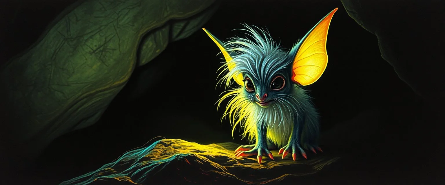 pen outline with some neon airbrush, glowing quickling pixie gremlin in the shadows with long fluffy white fur looking at awesome glowing cave painting, pin hole camera, in the style of Rembrandt