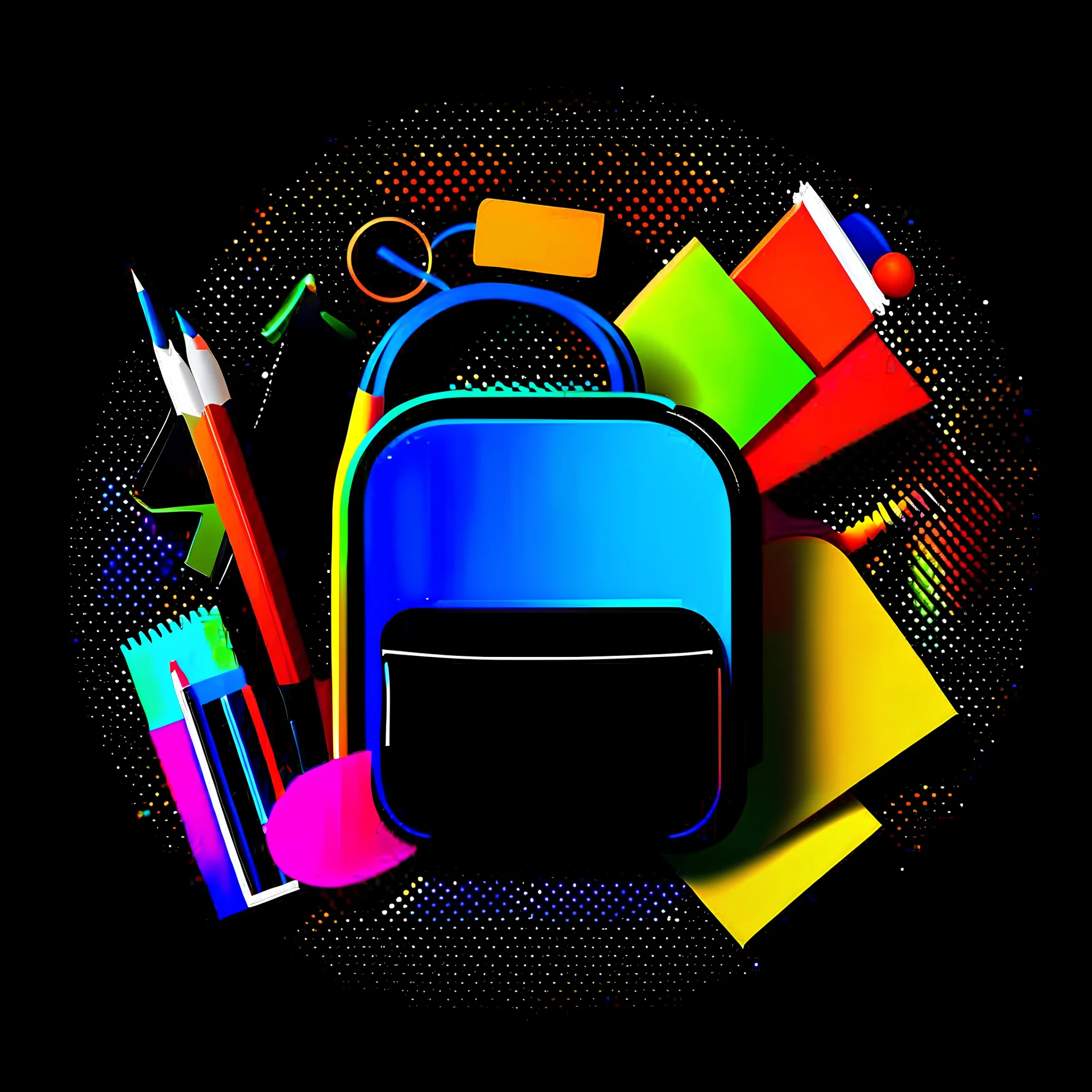 Create an eye-catching visual representation of going back to school, showcasing the power of vibrant colors with a dark background. Use this stock photo of going back to school with vibrant colors bursting with energy against a dark backdrop to inspire and engage your audience. Craft a stunning design that captures attention, triggers emotions, and communicates the message of going back to school effectively.