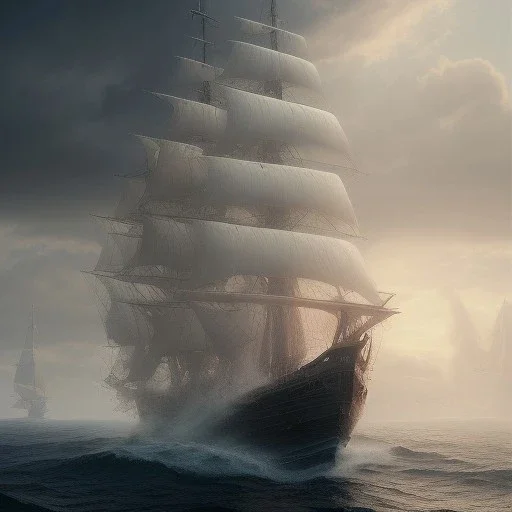 photo of a ultra realistic sailing ship, dramatic light, pale sunrise, cinematic lighting, battered, low angle, trending on artstation, 4k, hyper realistic, focused, extreme details, unreal engine 5, cinematic, masterpiece, art by studio ghibli, intricate artwork by john william turner