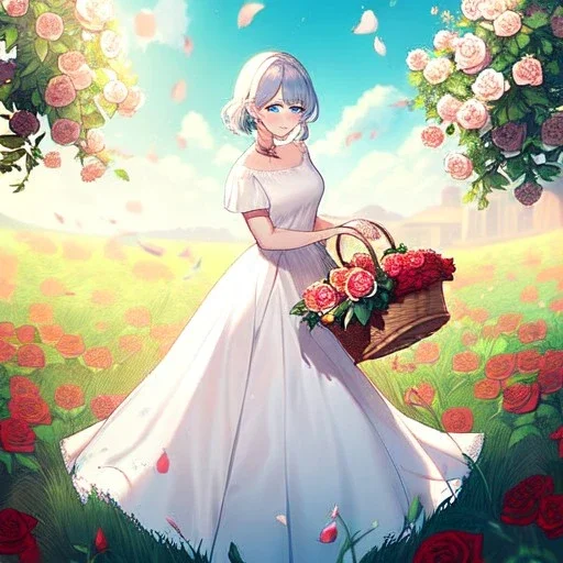 gorgeous anime girl wearing a yellow and white dress ,standing in a meadow of flowers, spreading rose pedals on the ground. beautiful eyes and a stunning smile, blue eyes, two blue eyes, perfect nose and rosy cheeks and red lips. girl is holding a basket with flowers in it