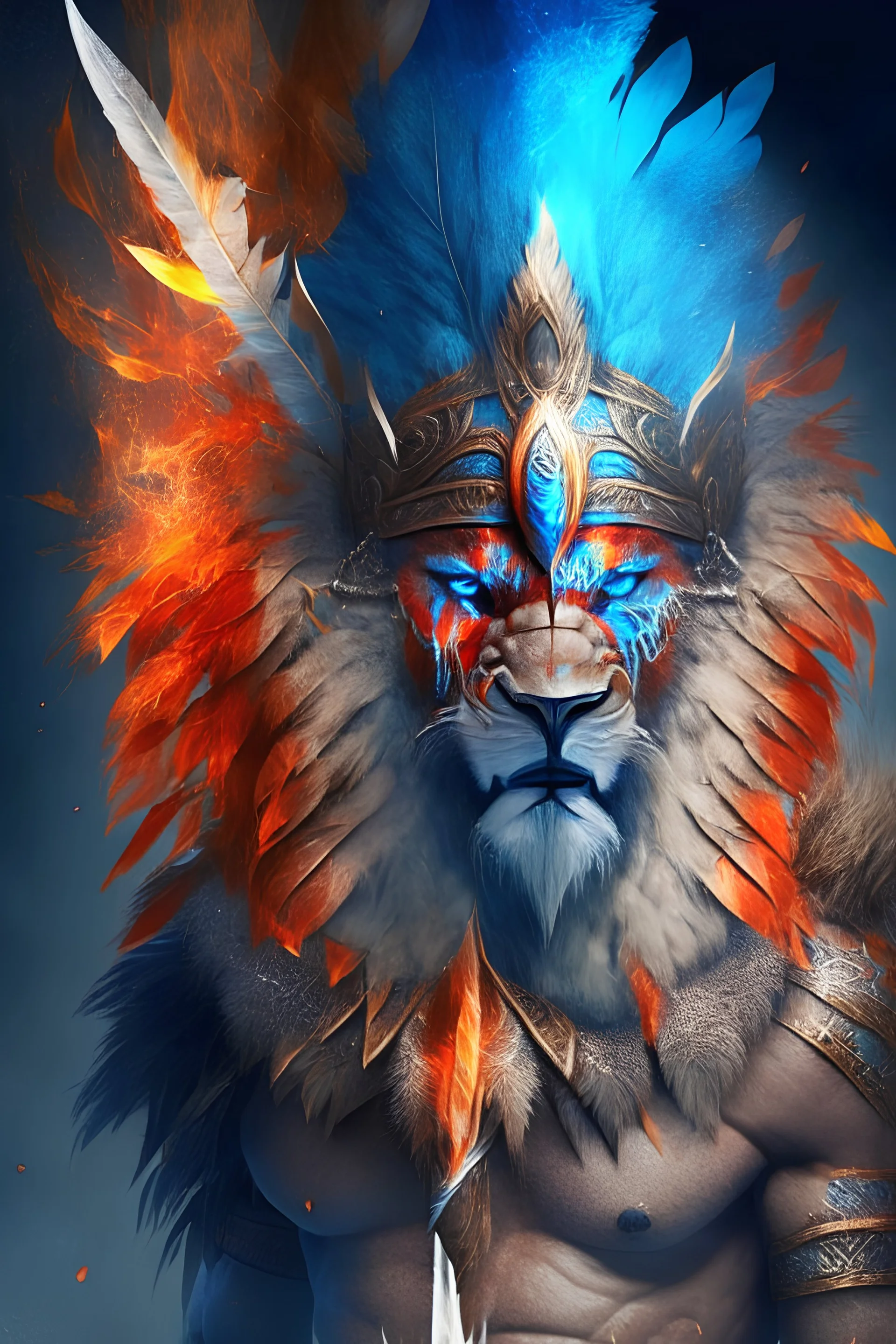 lion face, 6 pack abs, feathers, spear, metal body, fire and ice