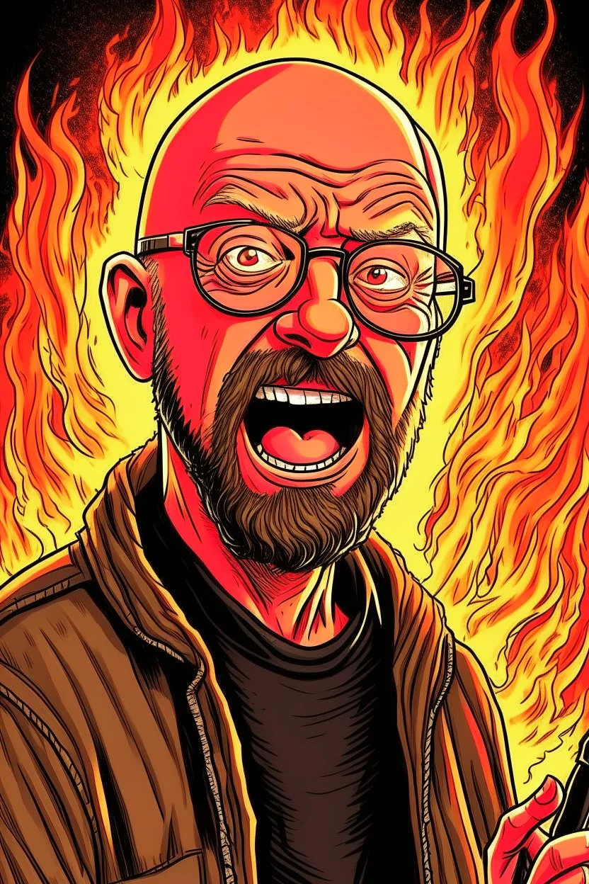 Firestarter animateur radio hardrock with a microphone. He has no hair. He has a thin beard. He has glasses. He's about 50 years. Seems angry. Flames all around him. He wears a sweat shirt of iron maiden.