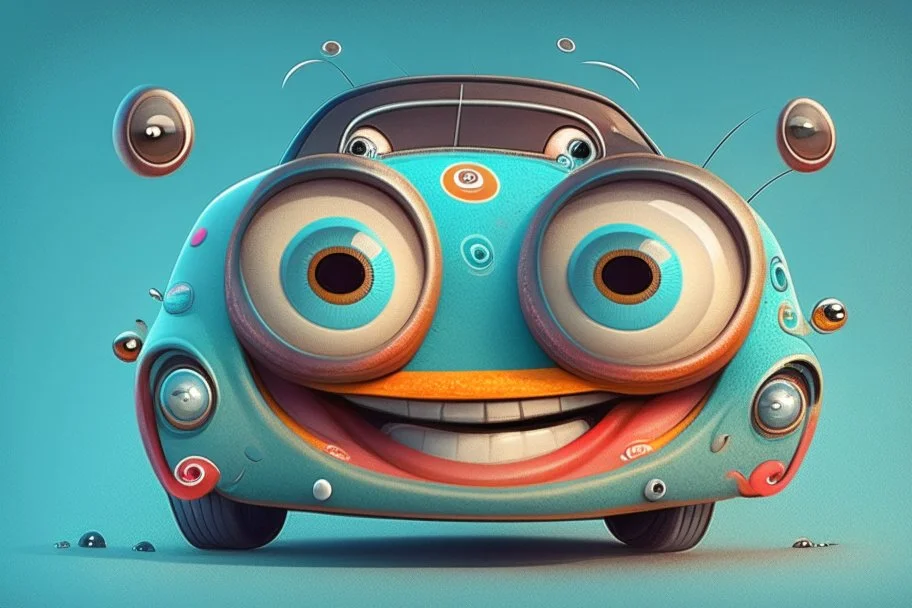 whimsical cartoon car with big eyes and a friendly smile