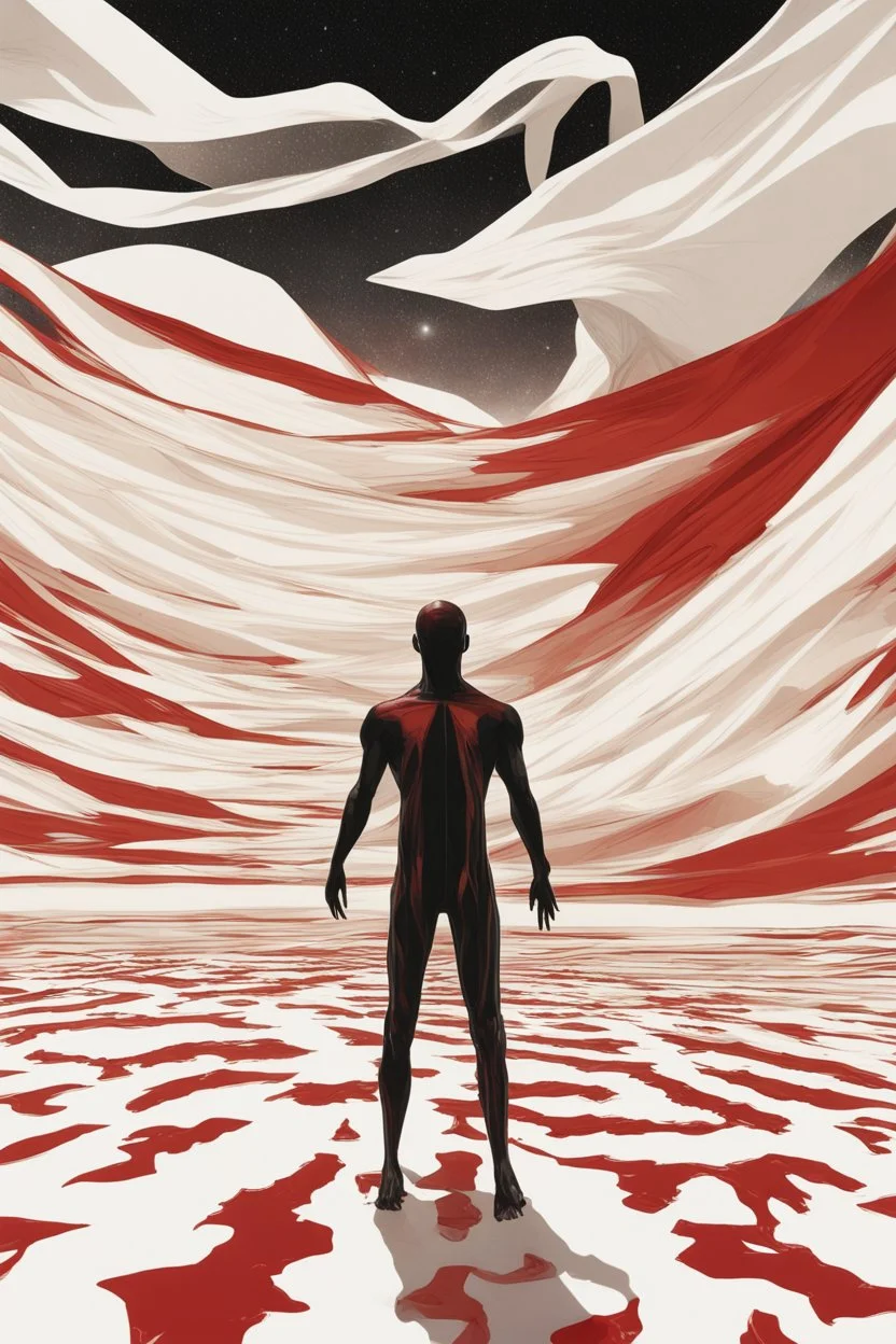 Giant massive huge in stature, majestic entity, hovering and floating over a large field landscape. the entity wears a white and red draped fabric that has printed on the material resembling stars. the fabric has also technological elements. you can see how big it is compared to a tiny human standing in front of it