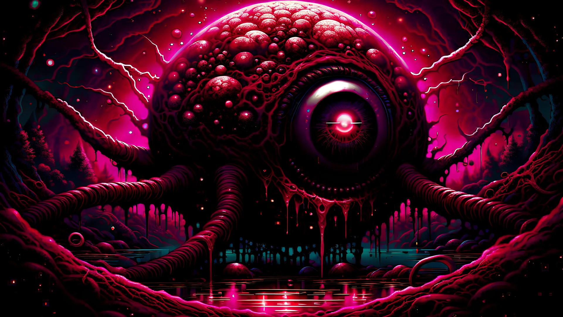 An evil, blood-shot, crimson eyeball walking on tentacles in a blood swamp at night. Dariusz Zawadzki, horror Gustave Doré Greg Rutkowski, Pulsating Veins, Hyperrealistic, splash art, concept art, full shot, intricately detailed, color depth, dramatic, wide angle, side light, colorful background