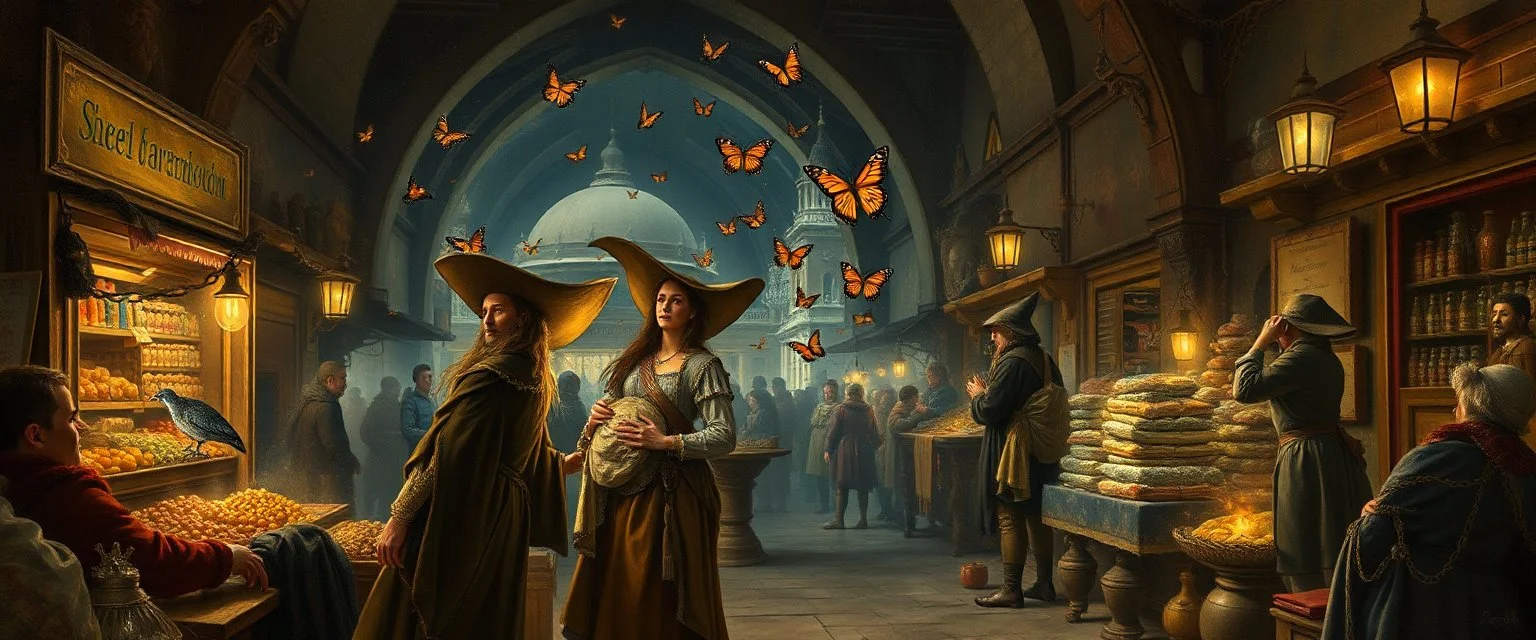 fantasy art, style of Rembrandt,Student prank gone wrong: Apprentice wizards from the Conclave of Silverymoon accidentally conjure a mischievous minor illusion (e.g., a swarm of butterflies or a caustic pheasant) in the market. goa trance poster