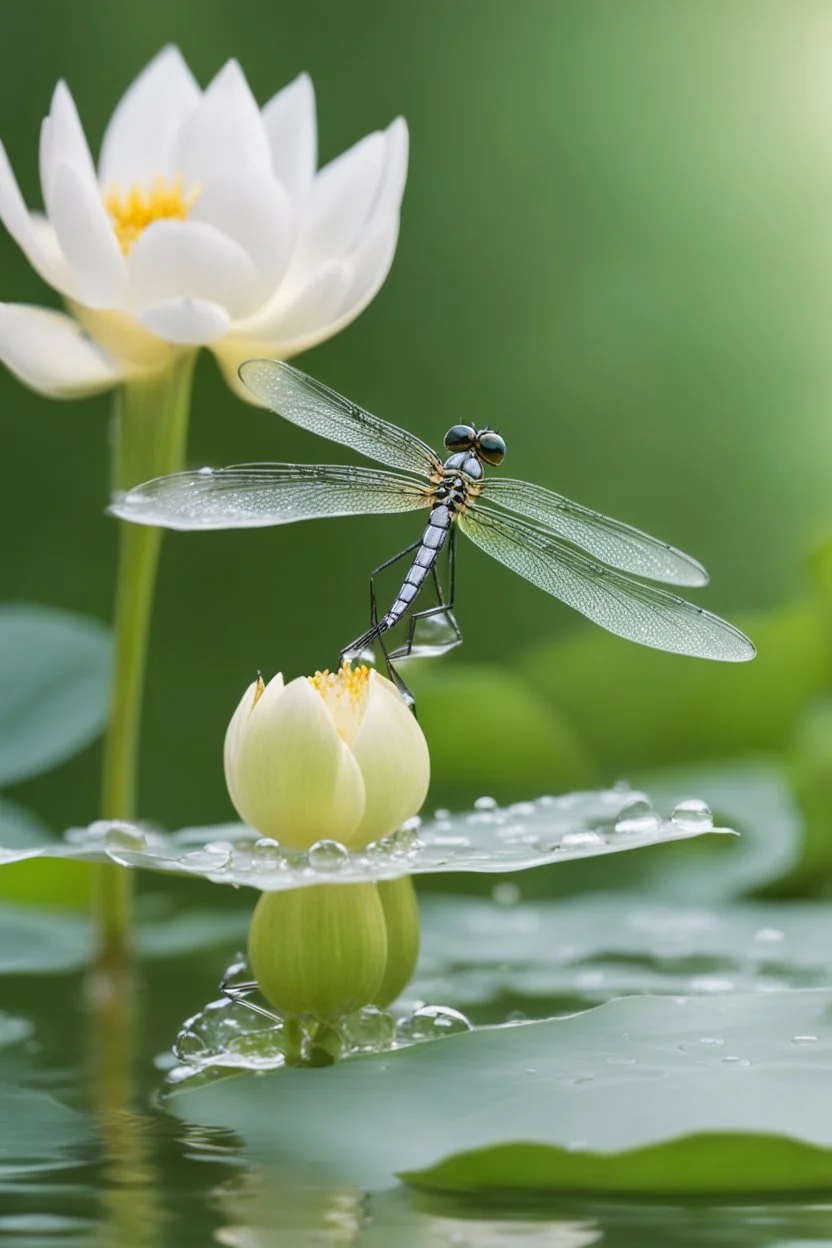 A hyper-realistic, Create An Image Of An Emerald-Silver Transparent Dragonfly On A White Lotus Flower, With Detailed Transparent Wings, Water Droplets, Macro Photography, Bokeh Close-Up.