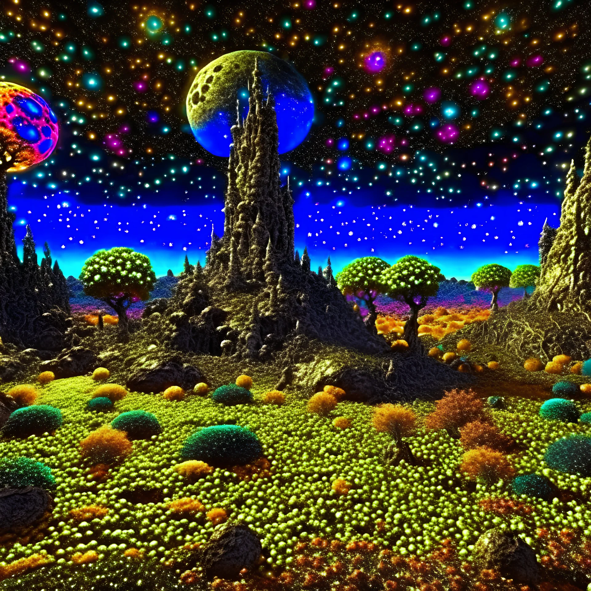 Creepy landscape, stars, planets, trees, rocks, nothingness and distressing anguish, peaceful, very detailed, Max Ernst style, Gustav Klimt style, 8k, 3d, intricate, ornate, odd