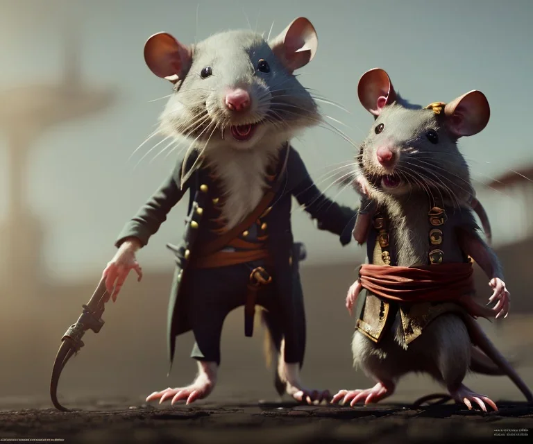 humanoid rat dressed as a pirate, detailed, hyperrealistic, octane render, cinematic, by greg rutkowski