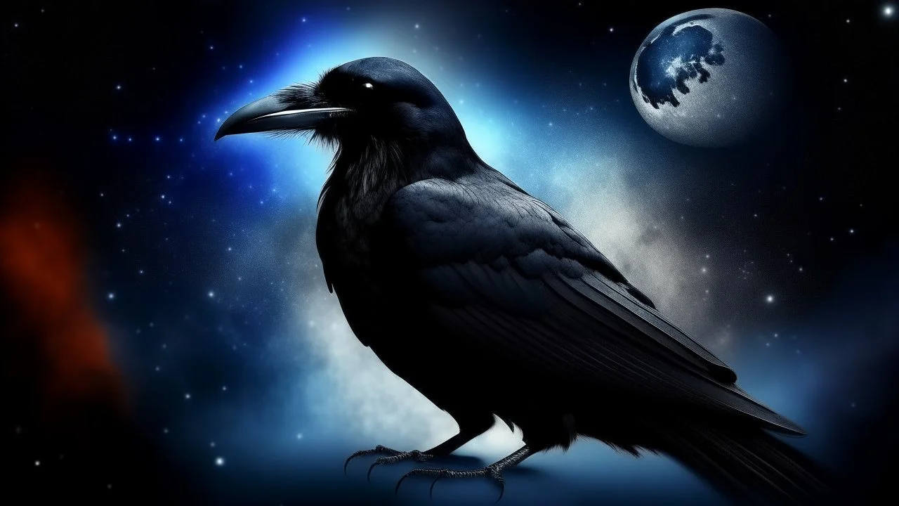 Crow in a space an the background of planets, souls