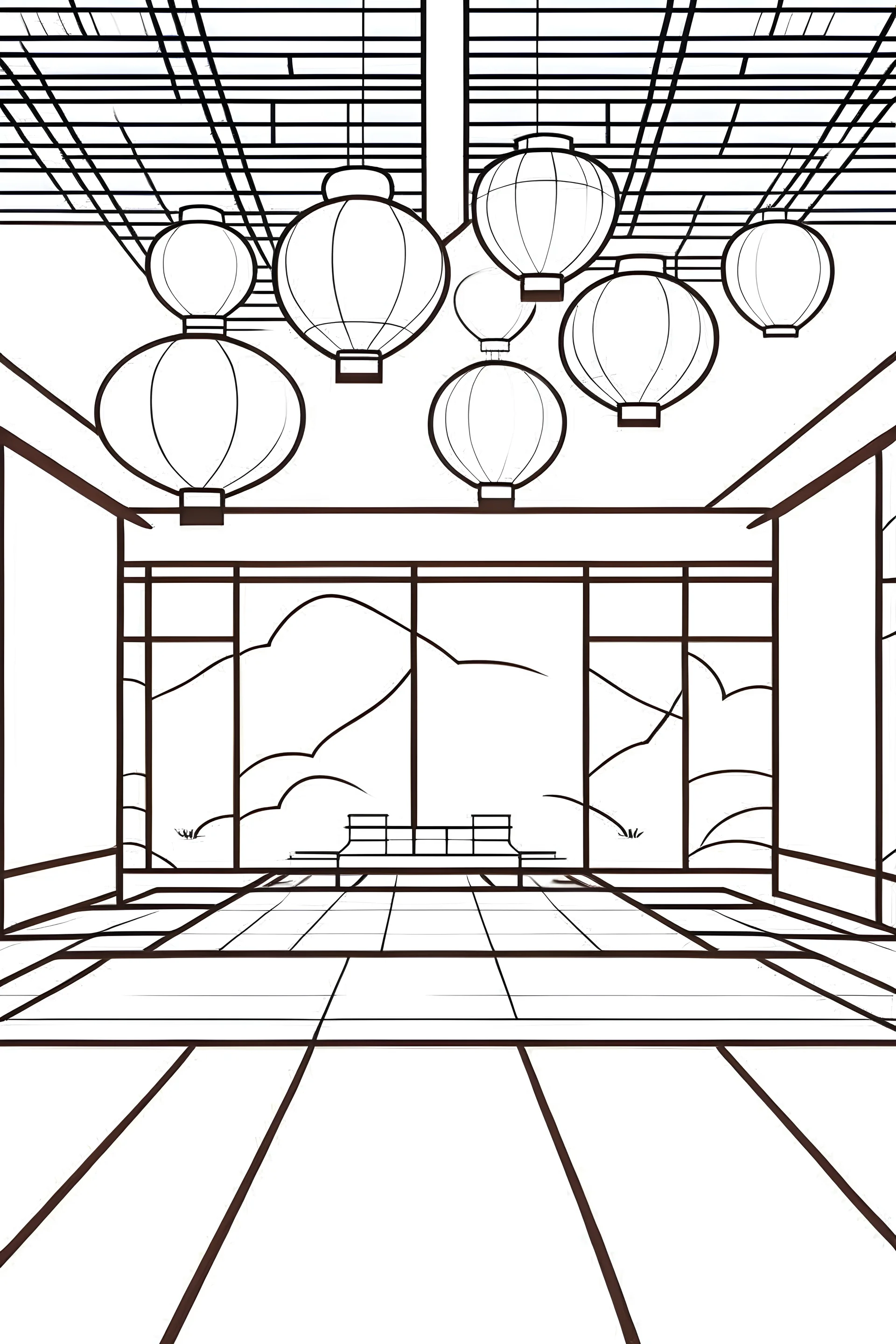 outline art for A Japanese-inspired meditation room with tatami mats and paper lanterns. coloring pages, white background, sketch style, full body, only use outline, white background, clean line art, np shadows and clean and well outlined