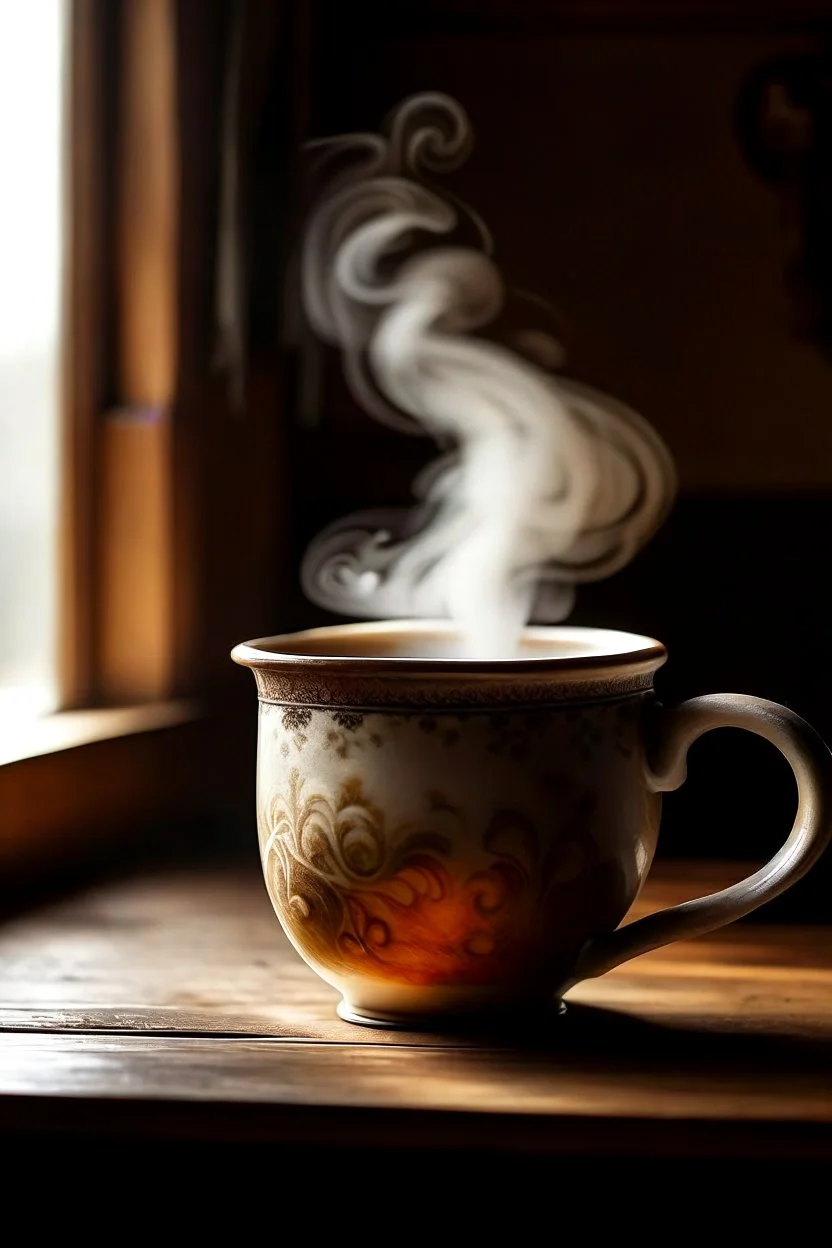 A steaming cup of tea, with swirling patterns of steam rising from the surface, set against a backdrop of a cozy, rustic kitchen.