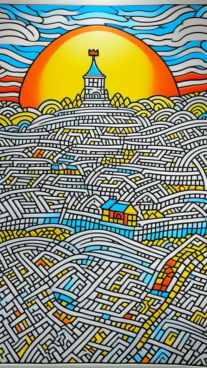 A silver colored village on a peak in the sky painted by Keith Haring