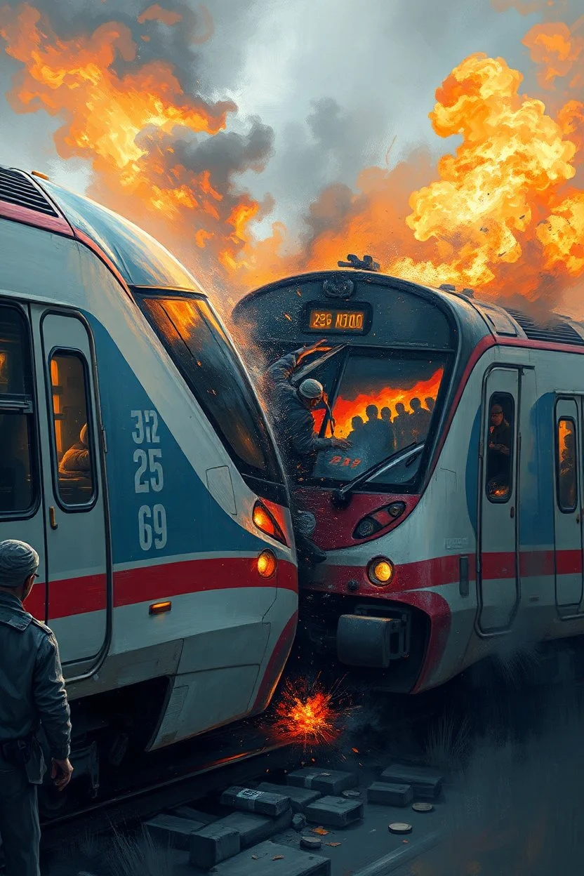 A modern fast train collided with another train causing chaos and fire people are dying in dramatic action view with oil paintings style of hard brush and high quality picture with high resolution 8k