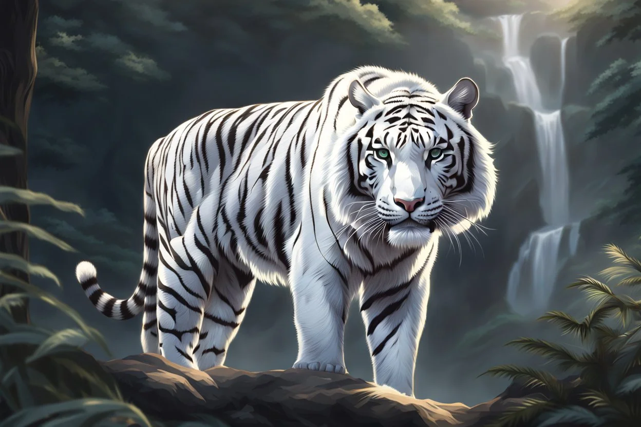 Lexica - Anime art, a brutal white tiger with black hair and green eyes,  who controls a green fire, cold lighting, location of the night city, anime  ...