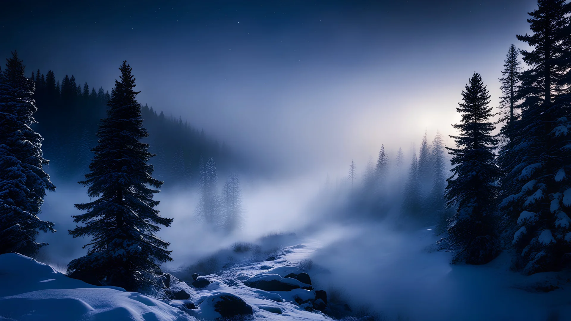 Night sky,fir forrest scenery, valley,creek,forest,heavy mist,mist shadows,tree, before sunrise,nature,night,snow,fir tree,night,holy night