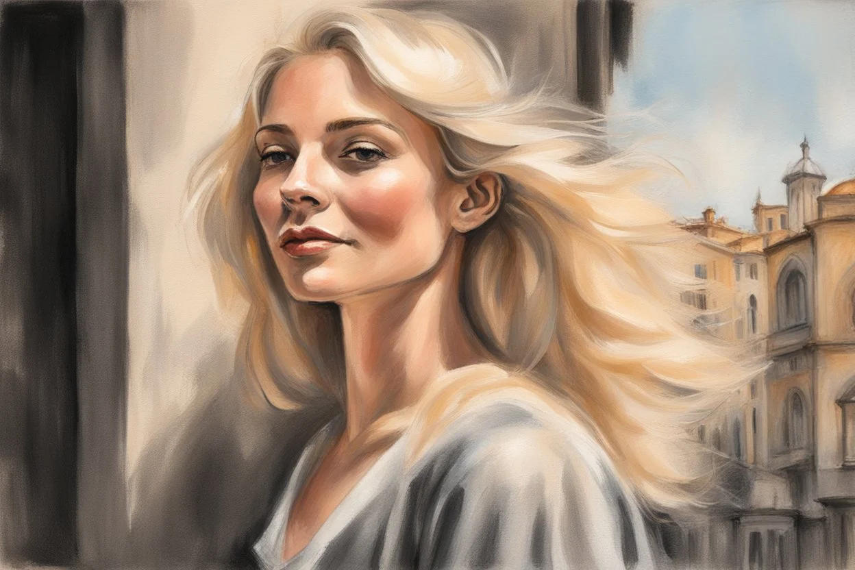 beautiful blonde woman in firenze in sunshine, shading pastel and charcoal