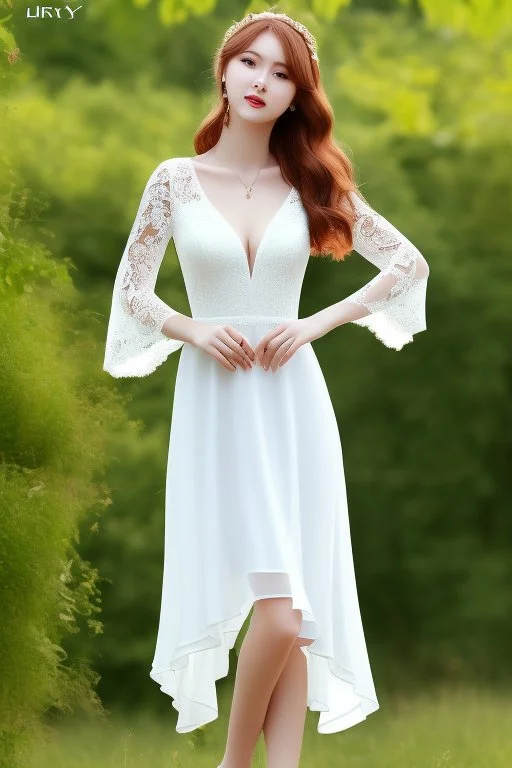 full shot body of Woman portrait with fairly pale skin , green eyes, long auburn hair, and wearing a pretty lace dress . Her outfit is a sexy dress , nice sport shoes. country side ,small lake with a hose in side,