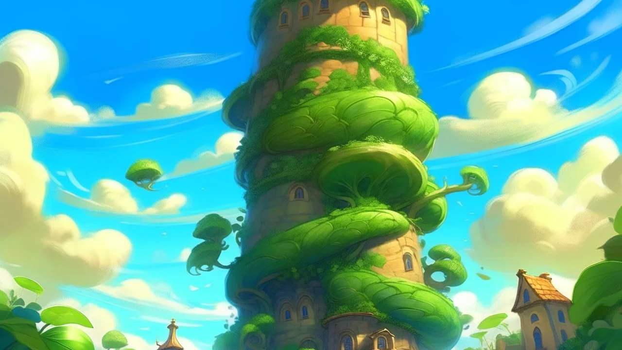 Fantasy digital illustration: huge, tall, colossal beanstalk. The top of the beanstalk is in the sky!