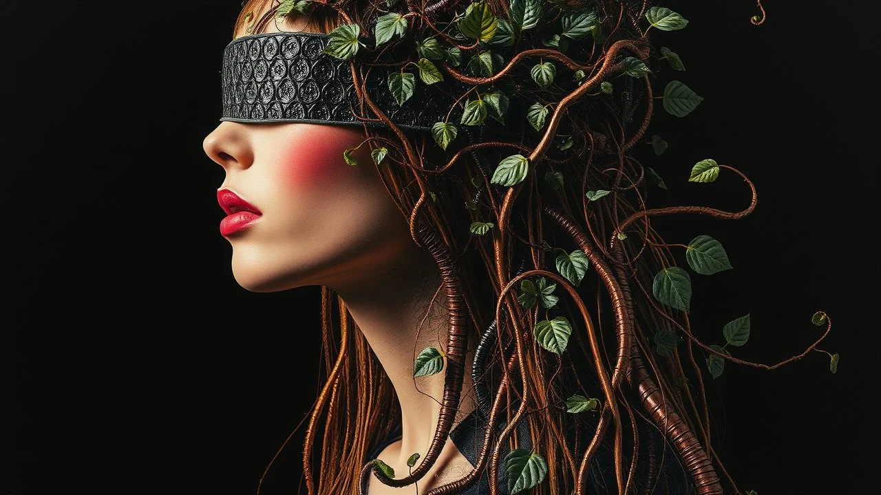 Abstract art, collage, Thomas Ligotti, mannequin world, in space they can't hear you scream, Dave McKean, inspired by Zdzislaw Beksinski's nightmarish paintings, Wassily Kandinsky, double exposure, sunset, gnostic tragedy, sinister, woman, long hair made of shiny texture, blush, blindfolded, Vine design, Surreal, Futuristic, Black open background, Peach skin, Leafy textures, Shiny plastic, Organic aesthetics, Rose red hue, green leaves, alien design, mutant structure, red mouth, bizarre aestheti