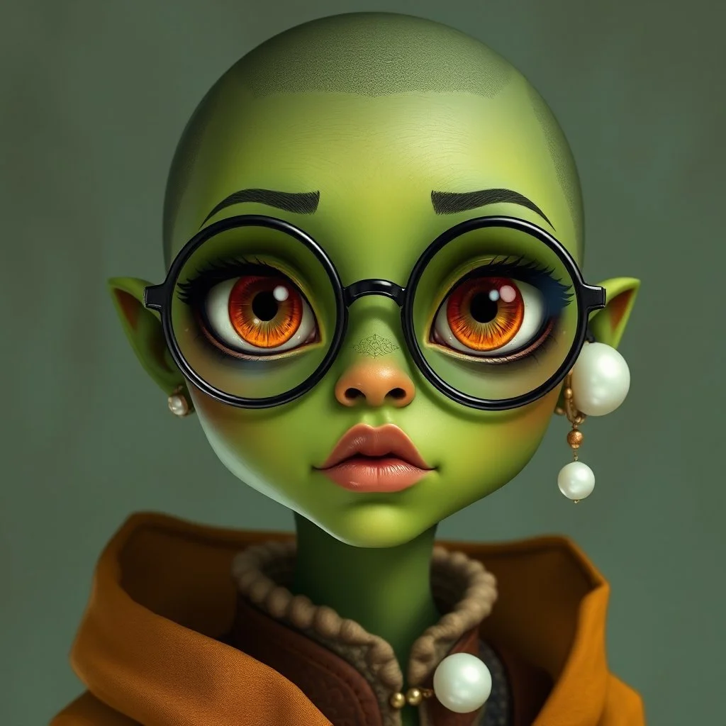 Reezeeba has green skin and widely spaced amber eyes with cat-like pupils. She wears round glasses. Her head is shaved. Her lips are pink and her head is large. She wears a strange robe and extravagant pants. She wears an opaque ring made of copper. She has an ear piercing made of pearl. She can hold her breath for a long time. She is a city person; she does not like nature.