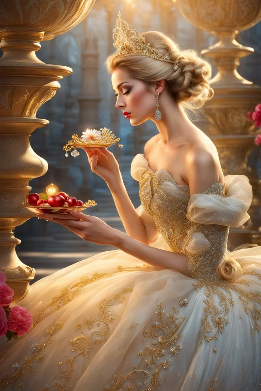 Photography realistic Beautiful Cinderella, wearing a magical gown of swirly flowing marble water gold filigree curlicues, flowering flowers, bloom, sparkle, ornamental gilt, diamonds, rubies, emeralds, sapphires, beautiful, delicate, intricate, elegant, graceful, shiny, Hyperrealism, Rococo, expressive, spherical, zoom out, volumetric lighting