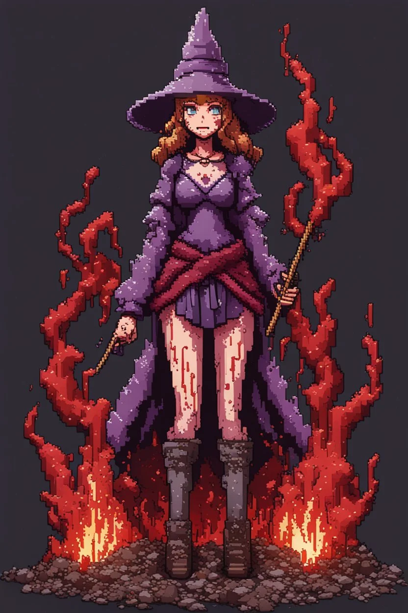 Girl wizard, fullbody, behind blood guts rising from the ground, 8bits, pixel art,