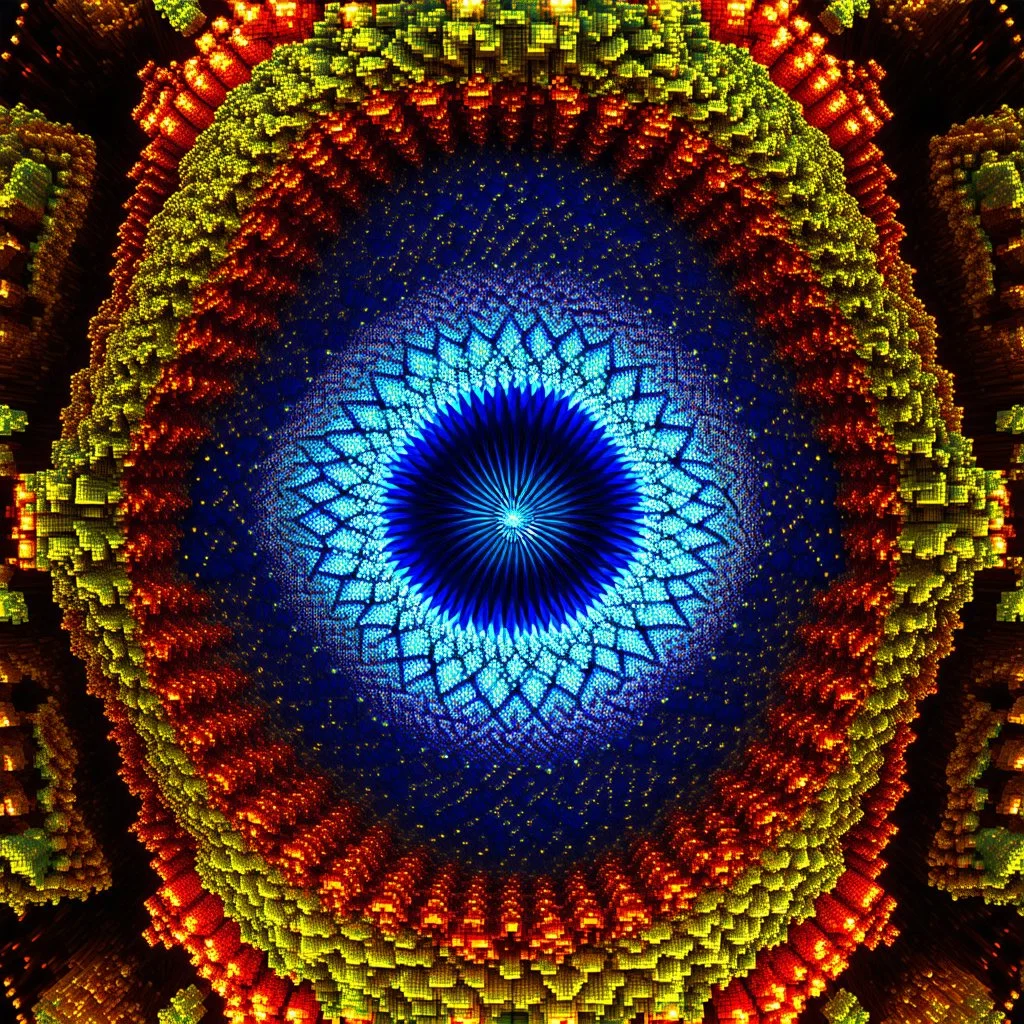 a mandelbulb 3d fractal made of small metallic random color cubes