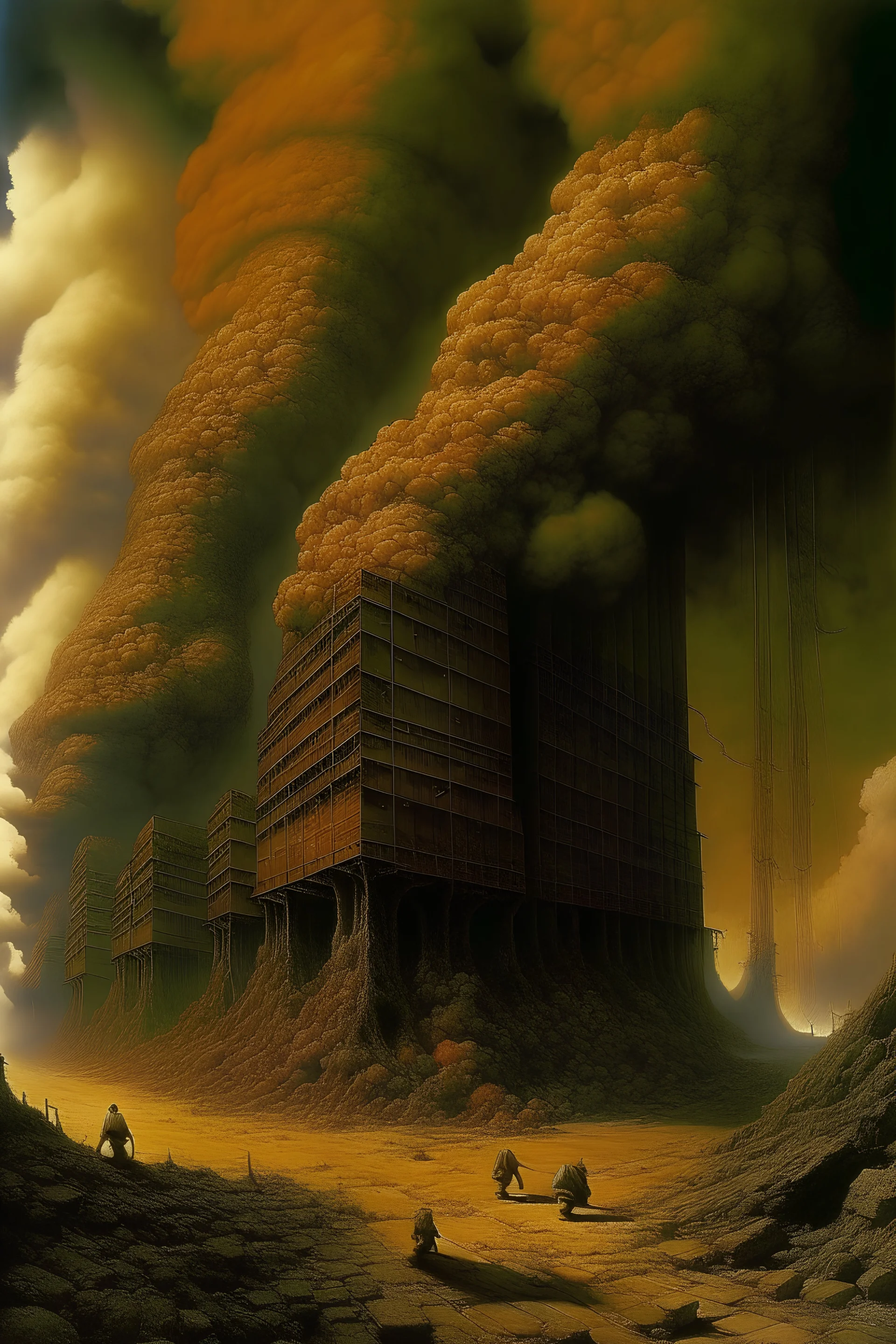A giant rusted factory spewing a toxic cloud,four legged monsters emerging from cracks in the walls,in the style Zvidslav Beksinski