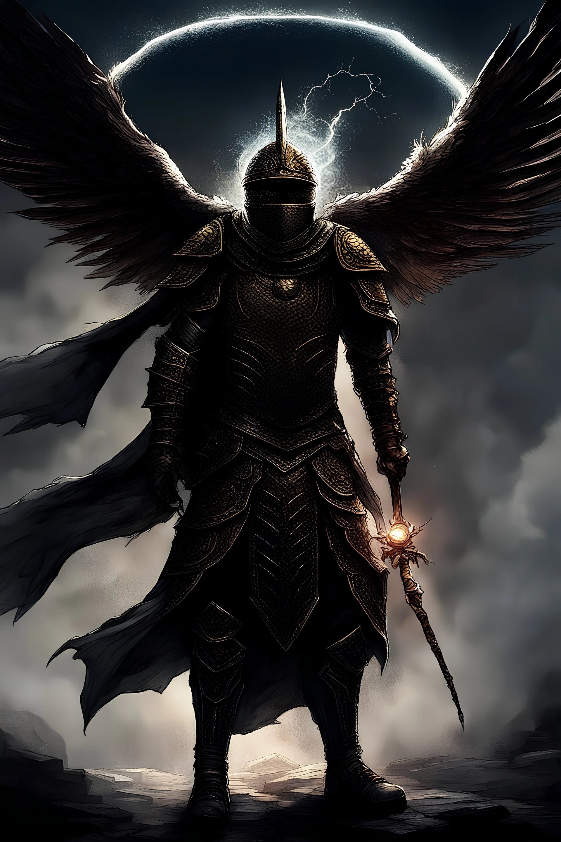 a man coiled in armour as if made by scaled wings, a long staff in hand with strange runes scratched in its surface. His face is obscured by a mouth guard like from a helmet, his large wings as if shaped by the hurricane itself rising from his back, a large orb of darkened energy is in his free hand as he has it raised into the air as if summoning a large black whole or a devastating storm.