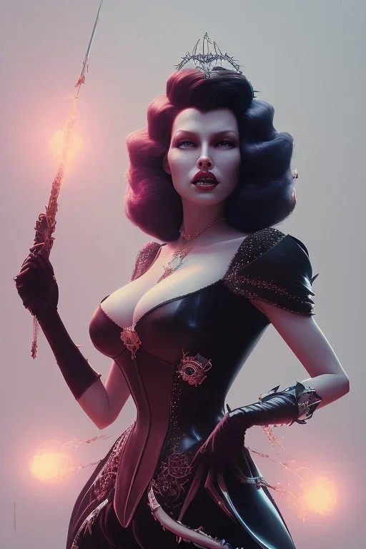 Rita Hayworth as evil queen in black leather, busty, cleavage, curvy, angry, stern look. character design by cory loftis, fenghua zhong, ryohei hase, ismail inceoglu and ruan jia. unreal engine 5, artistic lighting, highly detailed, photorealistic, fantasy