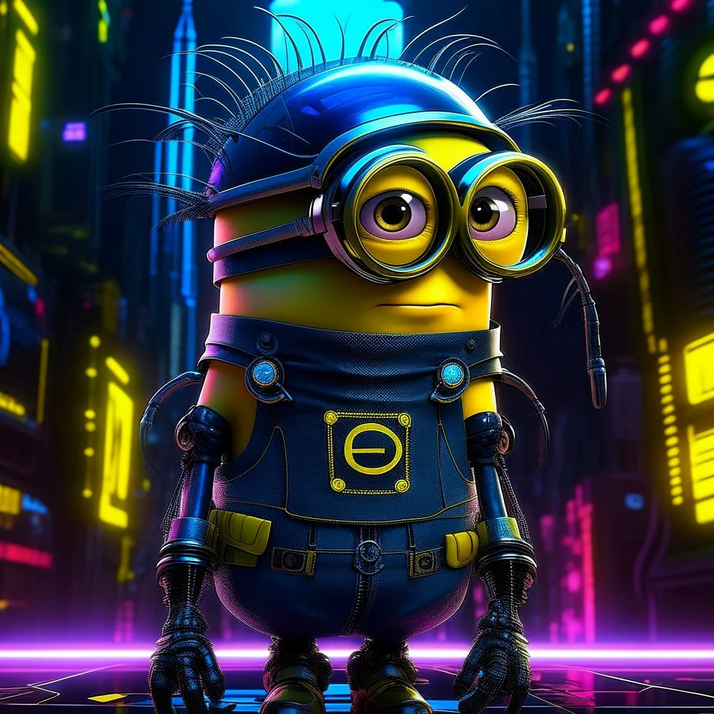 "Generate an edgy and inventive artwork reimagining the 'Minions' from 'Despicable Me' as tech-savvy hackers. Infuse them with a cyberpunk aesthetic, outfitting them with futuristic attire, augmented reality glasses, and high-tech gadgets. Place them in a neon-lit, bustling metropolis filled with digital interfaces and holographic displays. Convey a sense of unity and purpose as they work together in this cybernetic world, showcasing their newfound proficiency in hacking and digital mischief."